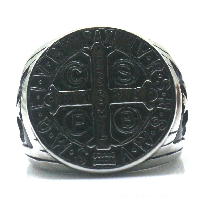 Gothic Saint Benedict ring right three-quarter perspective showing complete engraved ring face detail