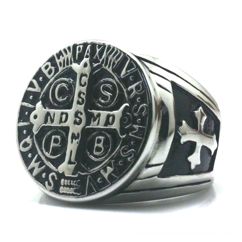 Saint Benedict religious signet ring front face with full cross and protective Latin inscriptions clearly visible