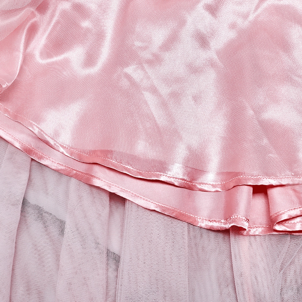 Pink satin lining and sheer tulle overlay close-up showing fabric composition and quality craftsmanship of mesh heart skirt