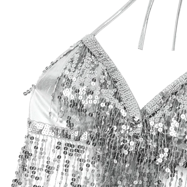 Sequin halter crop top with tassel fringe complete outfit view
