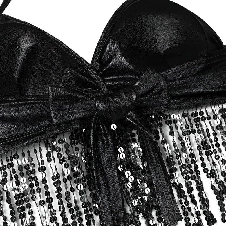 Sequin halter crop top showing halter tie and neck design