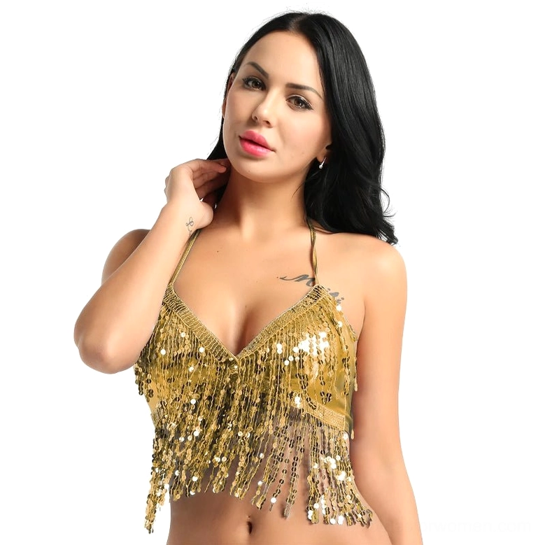 Sequin halter crop top neckline detail showing halter design