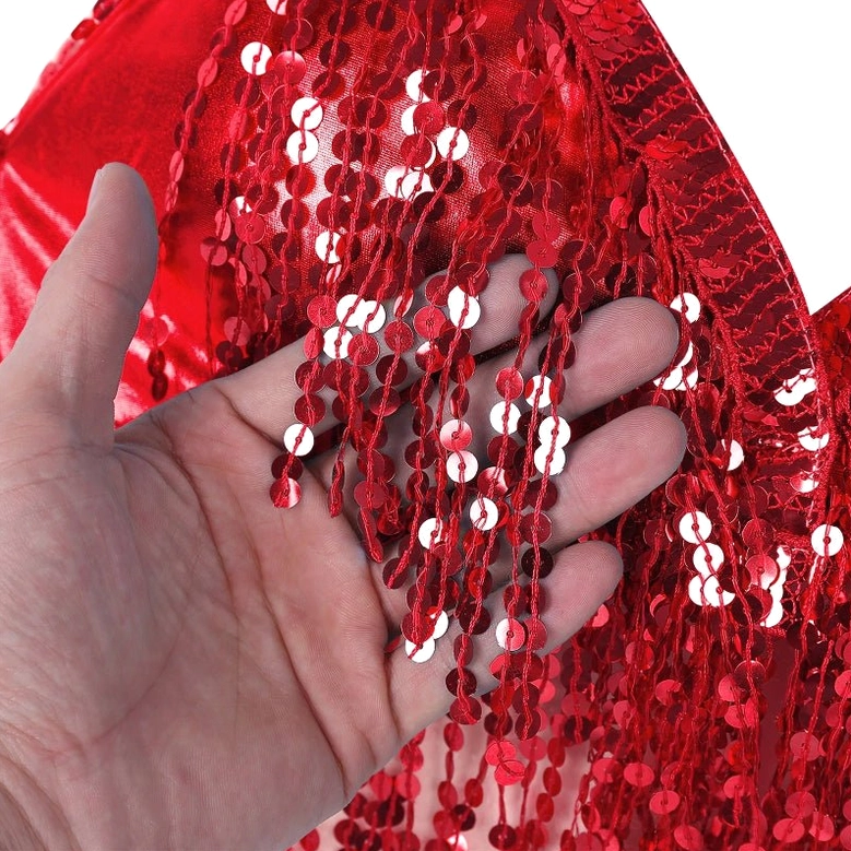 Sequin halter crop top detail view of strap and shoulder fit