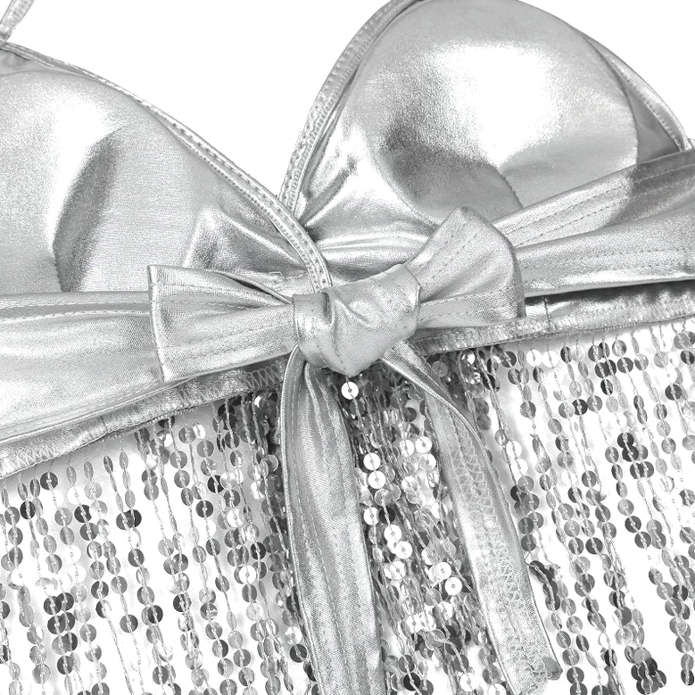 Sequin halter crop top showing tassel movement and effect