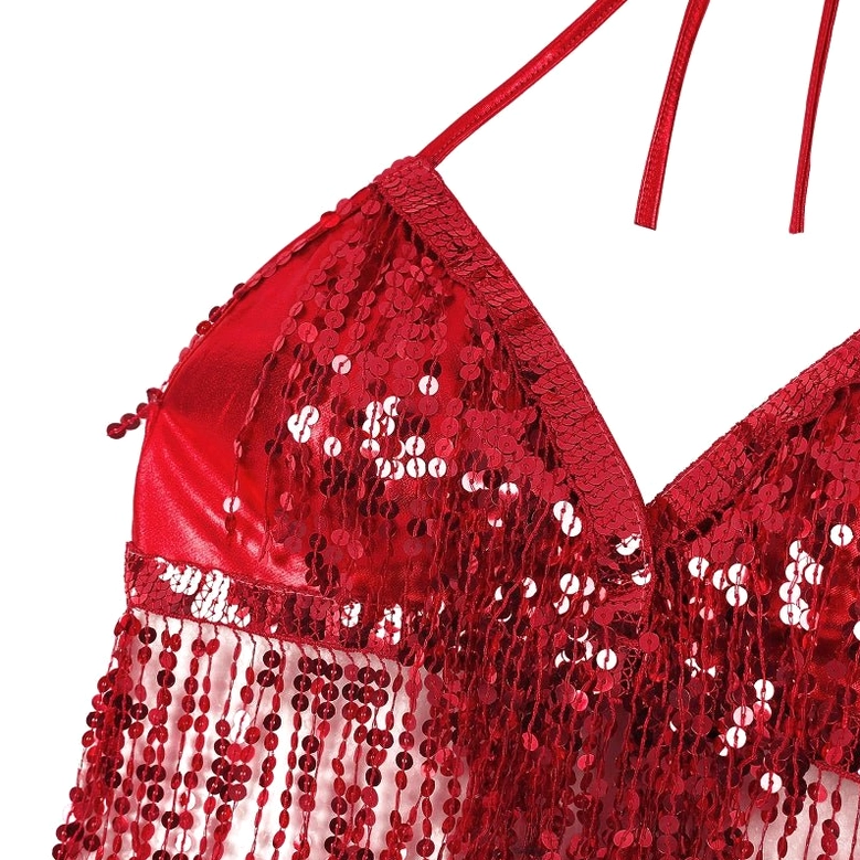 Sequin halter crop top V-neck line detail view