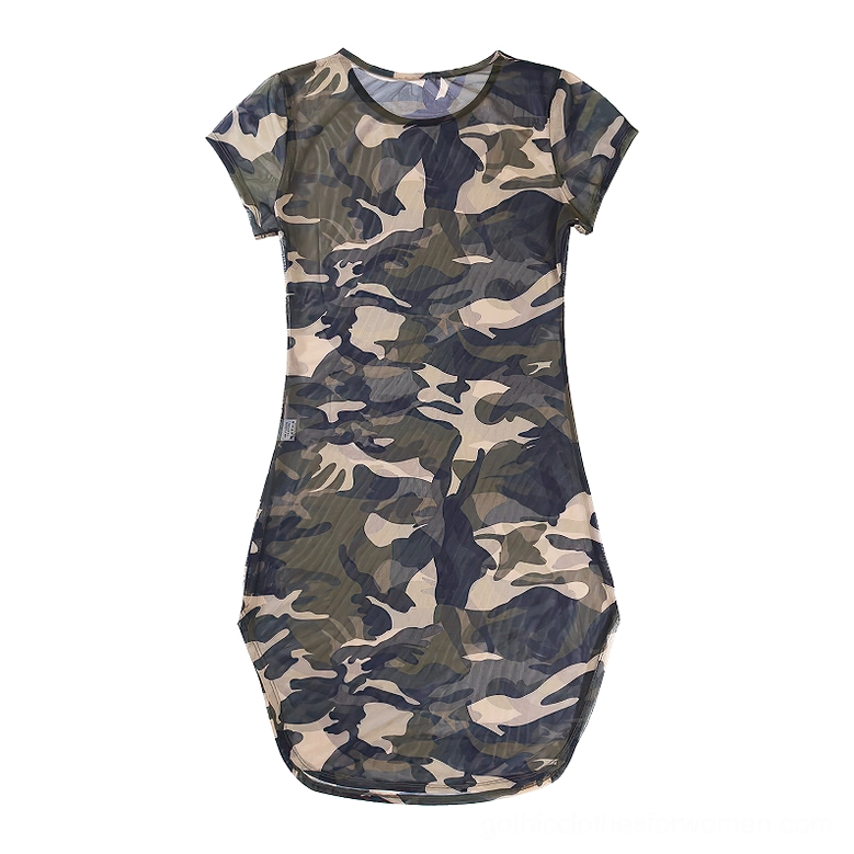 Sheer camouflage gothic mini dress transparent mesh fabric showing modern alternative fashion aesthetic