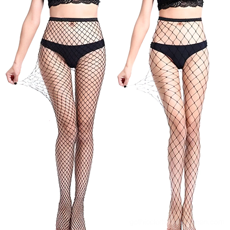 Ultra-sheer black mesh fishnet pantyhose with delicate weave, held to show transparent gothic styling possibilities