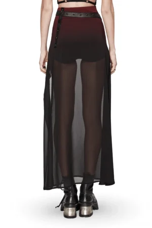 Black and wine-red sheer maxi skirt with dramatic side slit, rear view on model showing flowing fabric