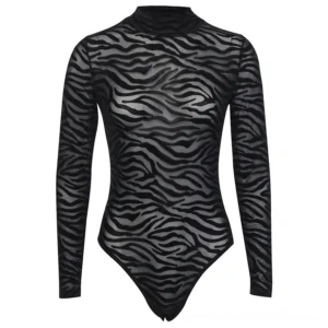 Flat lay product shot of black sheer mesh zebra stripe long sleeve bodysuit displaying front design, thong cut, and full pattern coverage