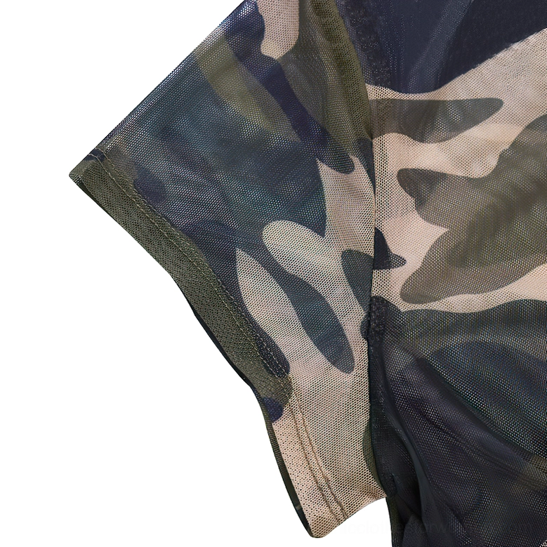 Detail shot of short cap sleeves with stitched edges on camouflage sheer mini dress