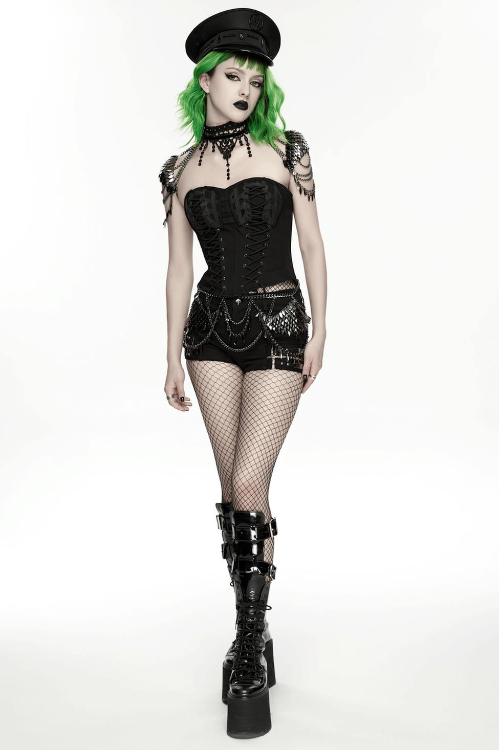 Black shoulder armor choker showing scale metal pieces alignment and adjustment strap system in detail view
