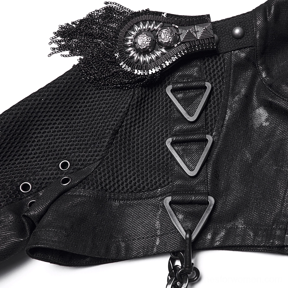 Gothic jacket shoulder and back chain hardware detail with triangular buckles and tassel attachment