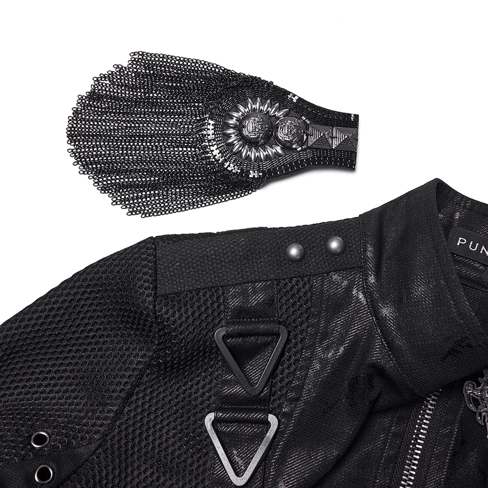 Cropped jacket shoulder and collar detail showing tassel epaulet and metal studs on mesh fabric