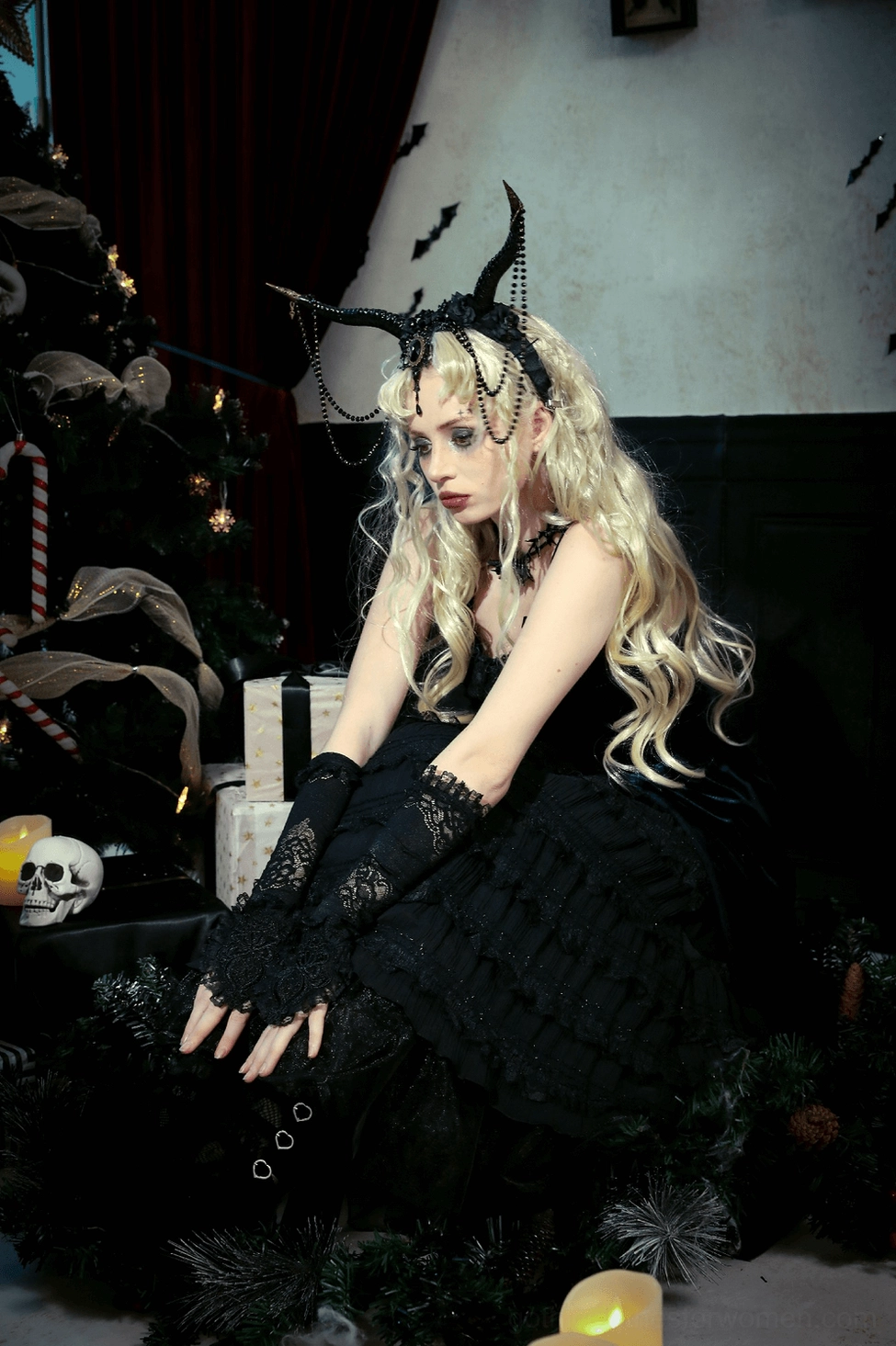 Side profile of Gothic Lolita dress emphasizing the bell-shaped skirt silhouette and overall dress proportions