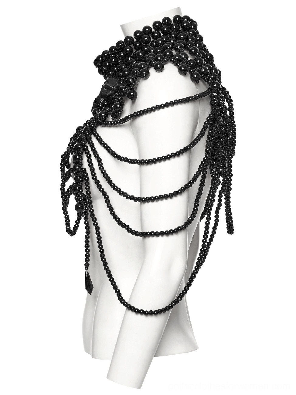 Side view of single-sided gothic pearl body chain harness on mannequin showing multi-layered strand construction and depth