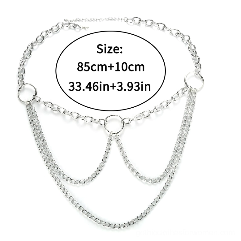 Silver layered gothic waist chain with size measurement label, showcasing adjustable length and design specifications for body jewelry