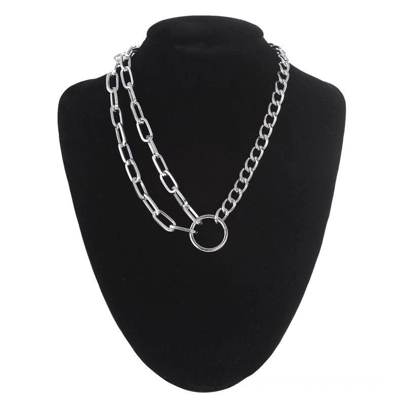 Silver dual-layer chain choker necklace with minimalist pendant on black mannequin, alternative fashion jewelry