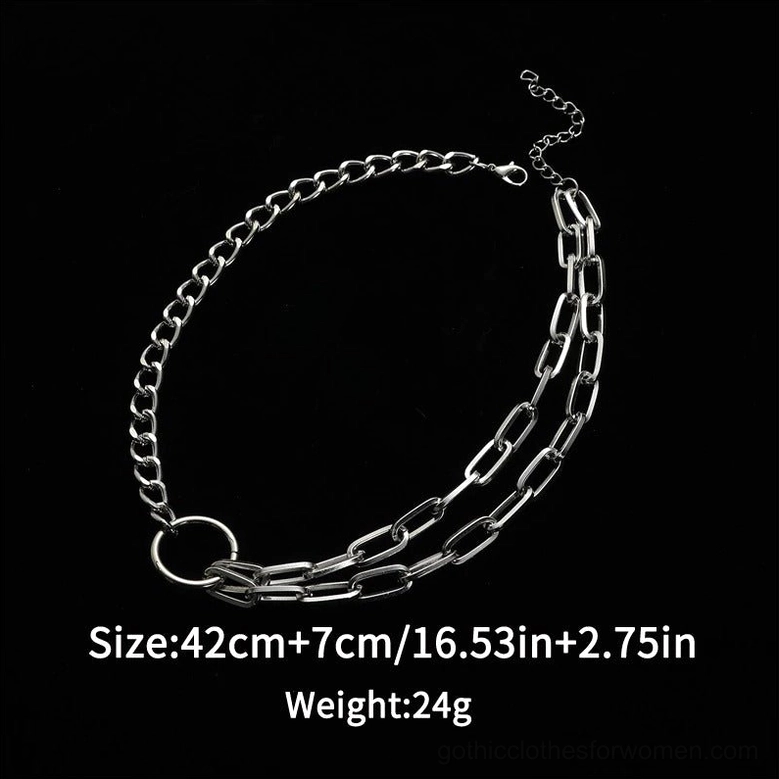 Silver geometric chain choker flat lay on black background, showing 42cm length with 7cm extension, aluminum construction