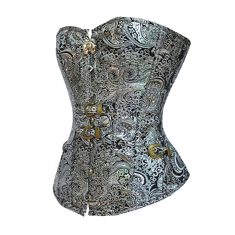 Silver gothic corset angled front view, paisley jacquard detail, metal hardware, split hem design