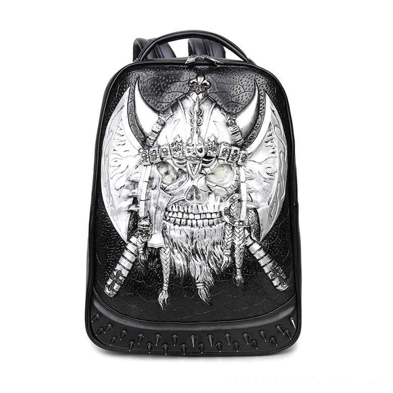 Silver embossed viking skull leather backpack with metallic embossing details and studded bottom edge