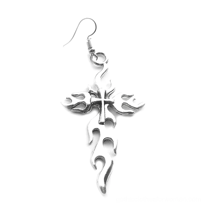 Matching pair of silver flaming cross drop earrings - mirrored design showing both earrings in gothic jewelry set