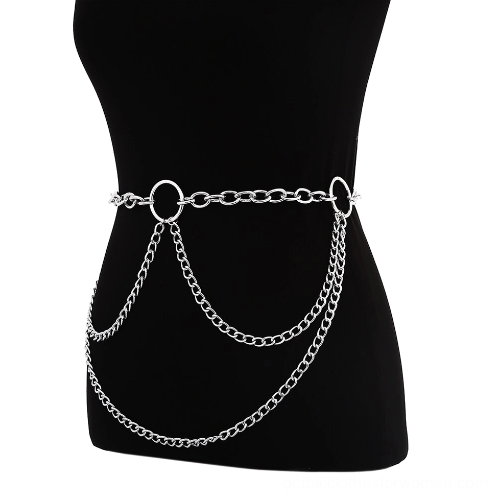 Gothic silver layered body chain on mannequin, side angle view revealing secure buckle closure and multi-strand tassel chain construction