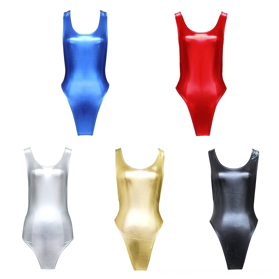 Silver latex-style gothic bodysuit front facing stance detail
