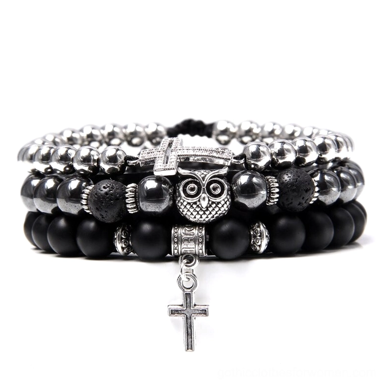 Silver gothic multi-strand bracelet with matte black and natural stone beads, dangling cross pendant, owl metal decoration