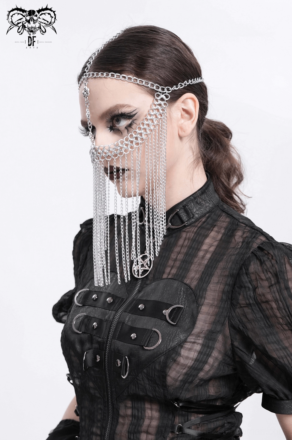 Silver chain gothic headpiece with cross ornaments showing delicate chain construction and lightweight wear
