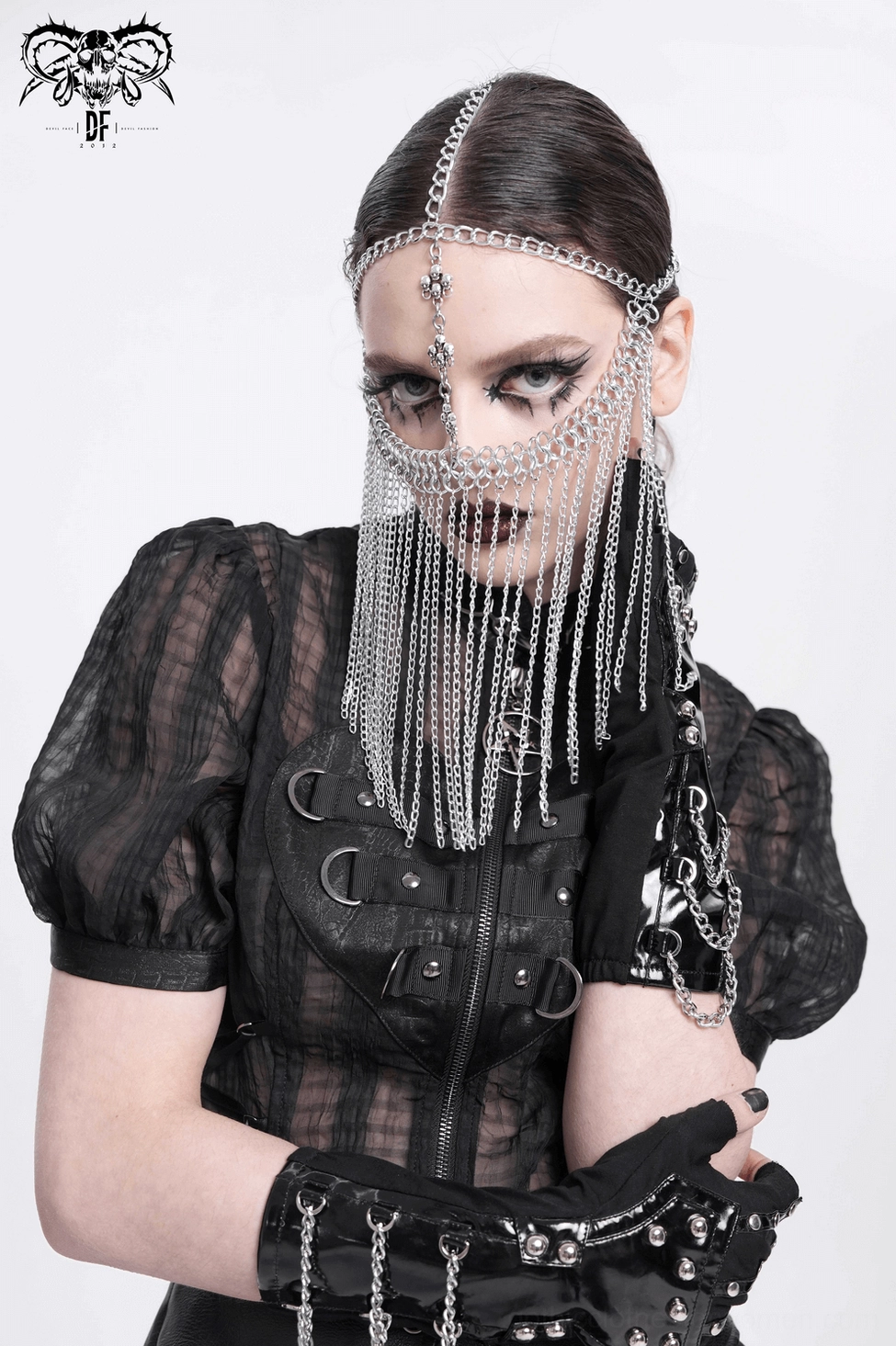 Silver chain gothic face veil headpiece with cross accents, alternative fashion styling showcase