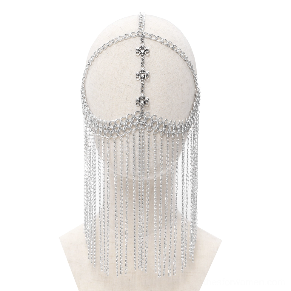 Silver chain gothic face veil headpiece on mannequin head displaying multiple cross ornaments and cascading chain tassels