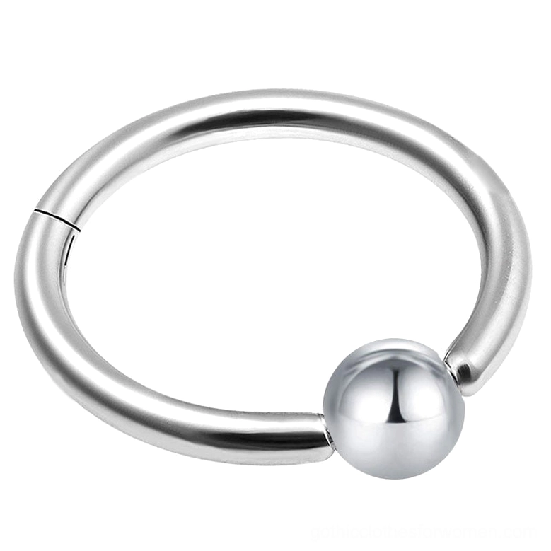 Polished silver double layer hinged nose clicker ring with silver spherical bead accent, elegant goth jewelry