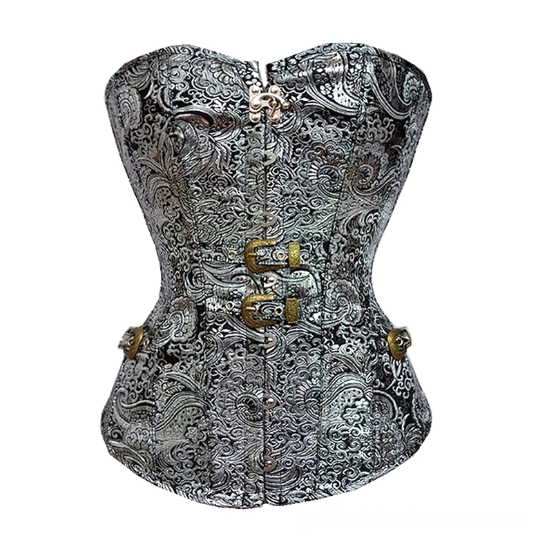 Silver gothic corset with paisley jacquard pattern, front view display, metal buckle closures, strapless design