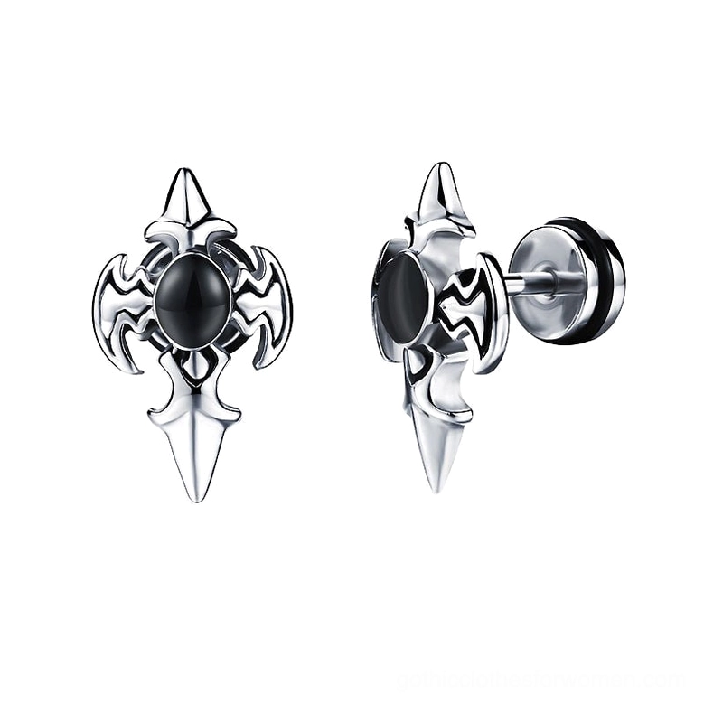 Silver gothic cross stud earrings with black cubic zirconia inlay - front flat view showcasing spiked punk design