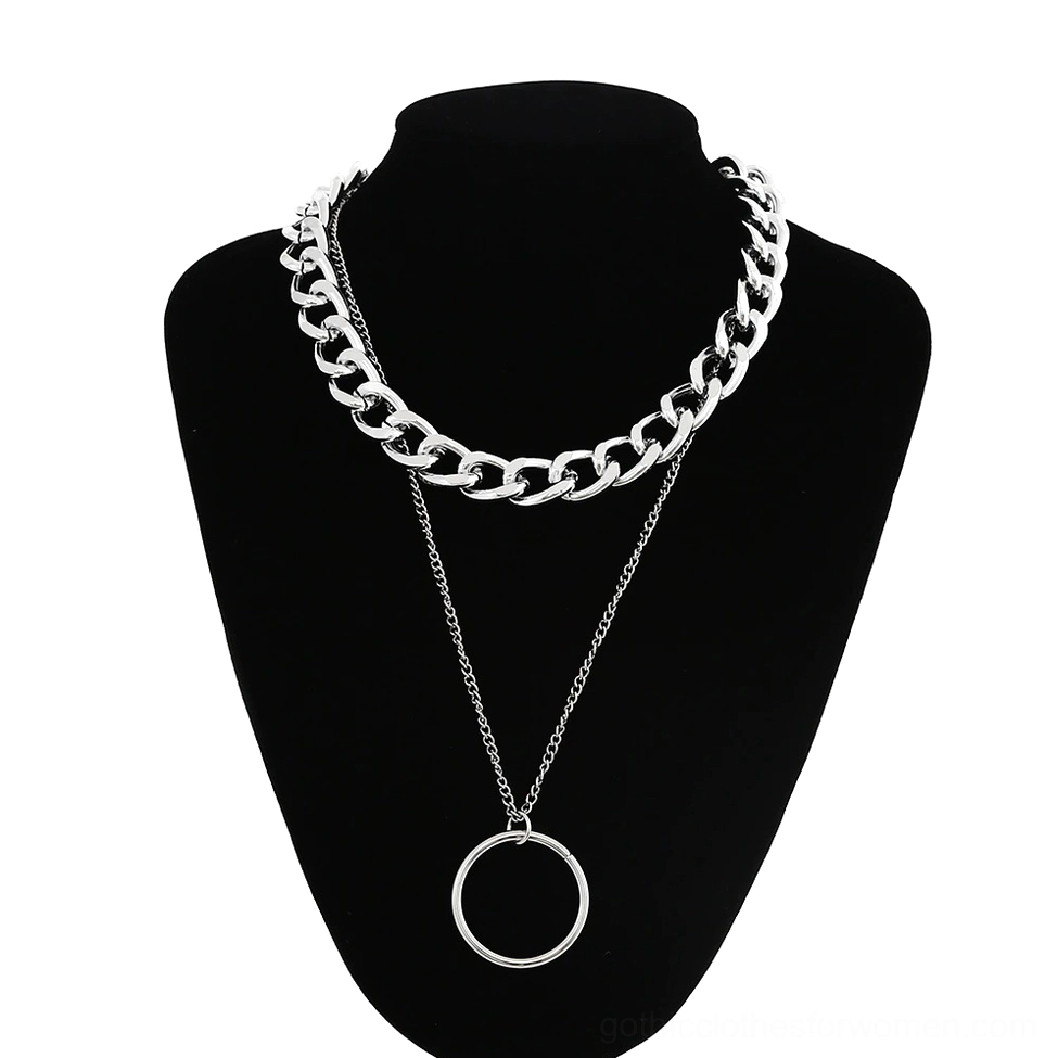 Silver hoop pendant necklace with double chain design, geometric lock charm alternative style, front eye-level mannequin display