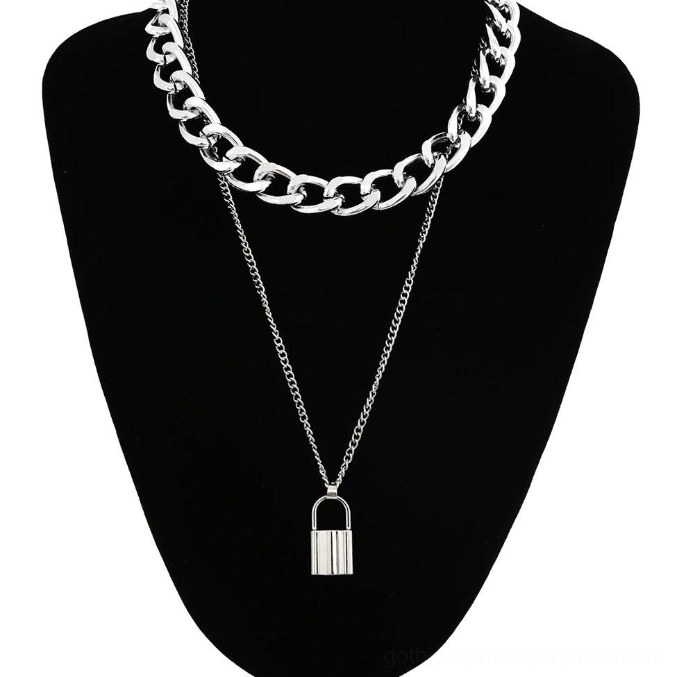 Silver double chain padlock pendant necklace with curb chain and fine link chain, displayed on black jewelry mannequin against plain black background, front view