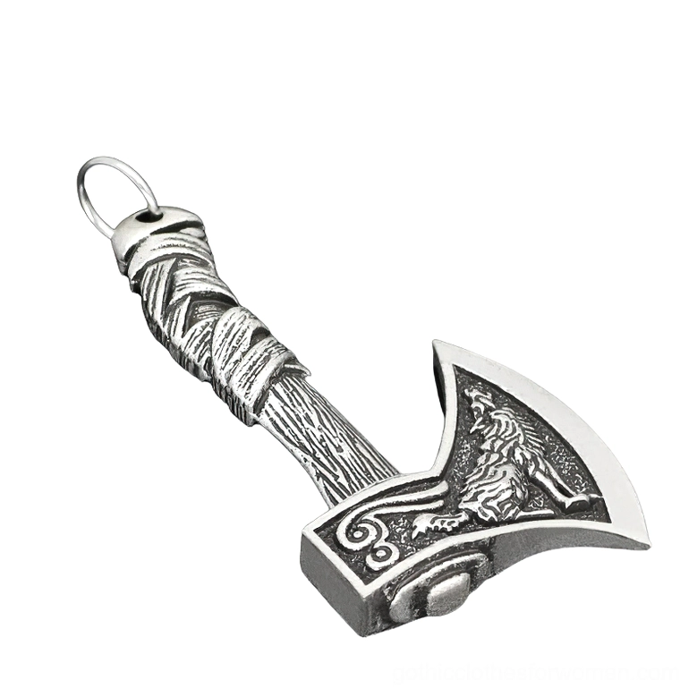 Silver gothic Viking axe pendant with wolf engraving and textured wrapped handle