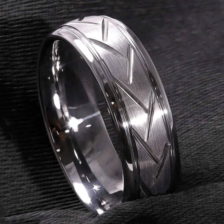 Silver gothic zigzag metal ring high gloss polished finish with brushed chevron patterns