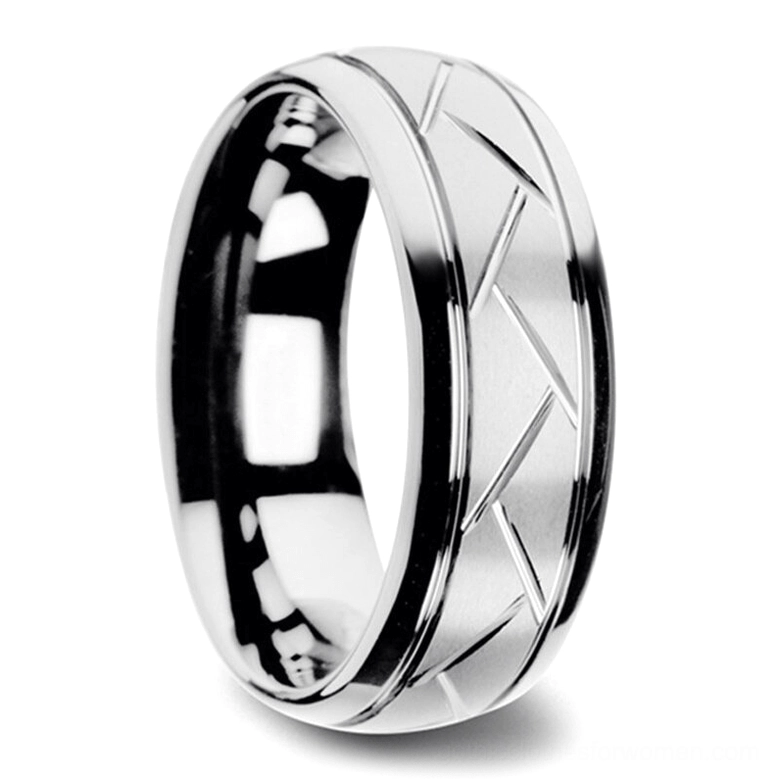 Silver gothic zigzag metal ring with chevron engraving and polished beveled edges, side view