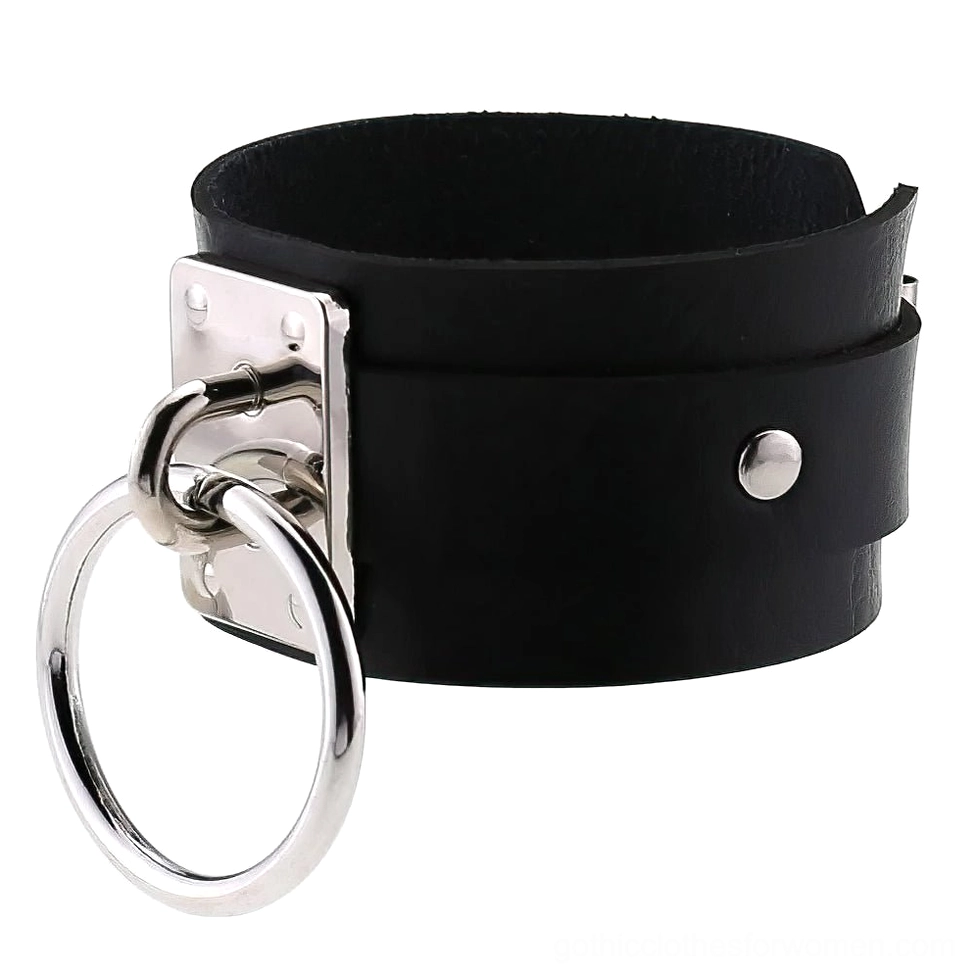 Silver green leather gothic wrist cuff bracelet with nature-inspired witchy aesthetic and metal ring