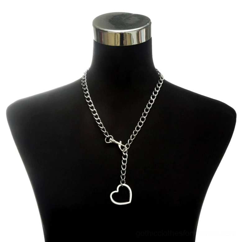 Silver choker necklace with hollow heart pendant charm and curb chain