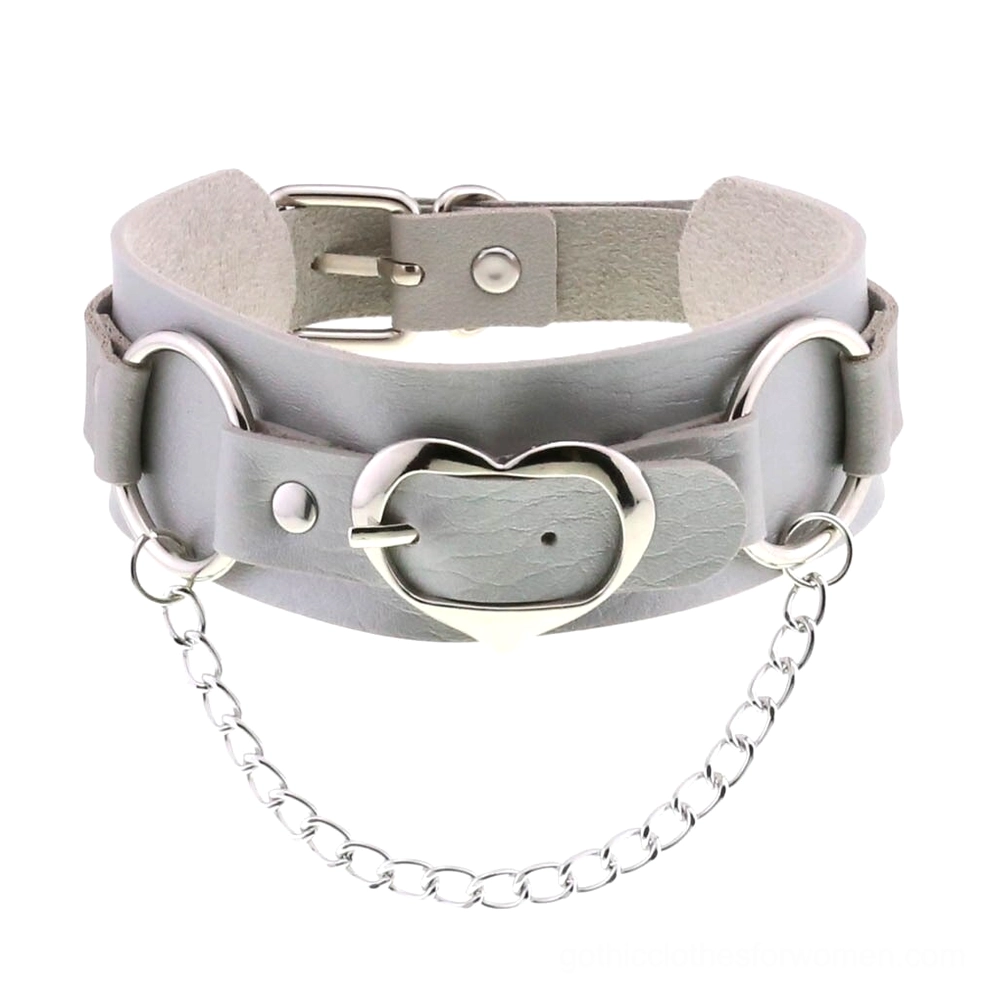 Silver metallic PU leather heart choker with matching silver chain and heart pendant