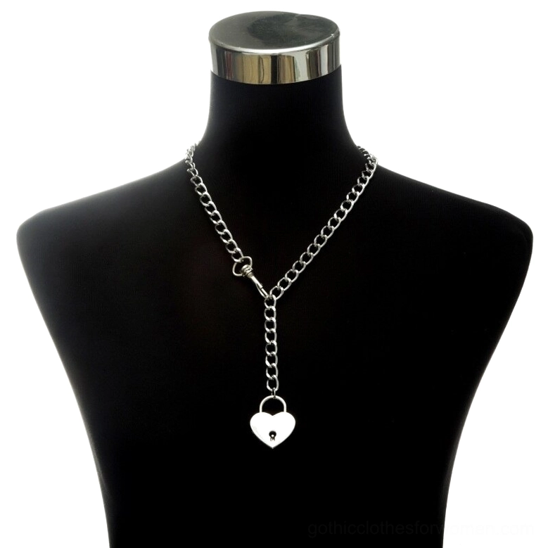 Silver heart-shaped padlock pendant choker necklace front flat view