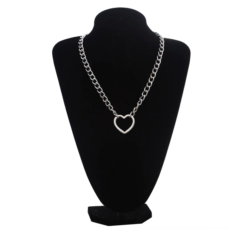 Silver hollow heart gothic chain necklace displayed on black jewelry mannequin, front view with curb chain design and silver-tone finish, festival fashion jewelry