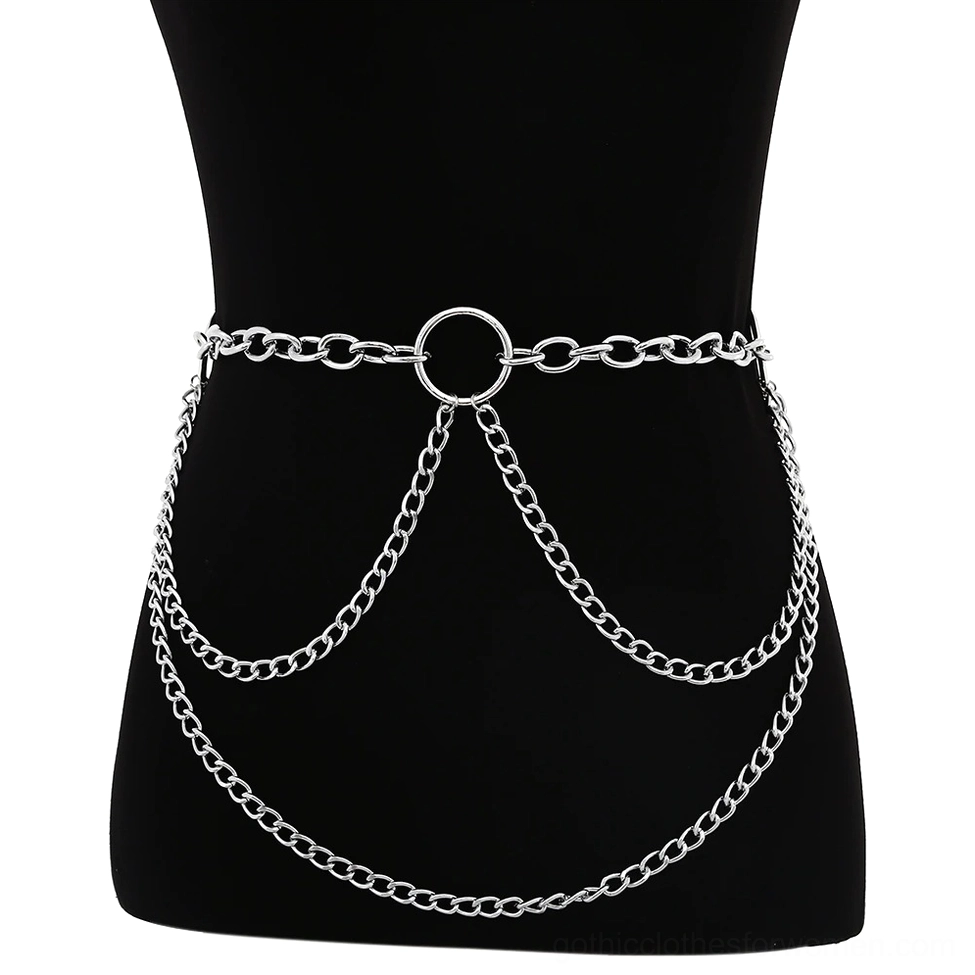 Silver layered gothic body chain belt worn on black mannequin torso, front view showcasing central O-ring anchor and cascading multi-strand tassel chains for alternative fashion