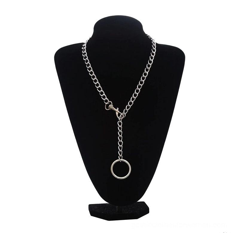 Silver Y-lariat chain choker with circular drop pendant on black jewelry mannequin against white background