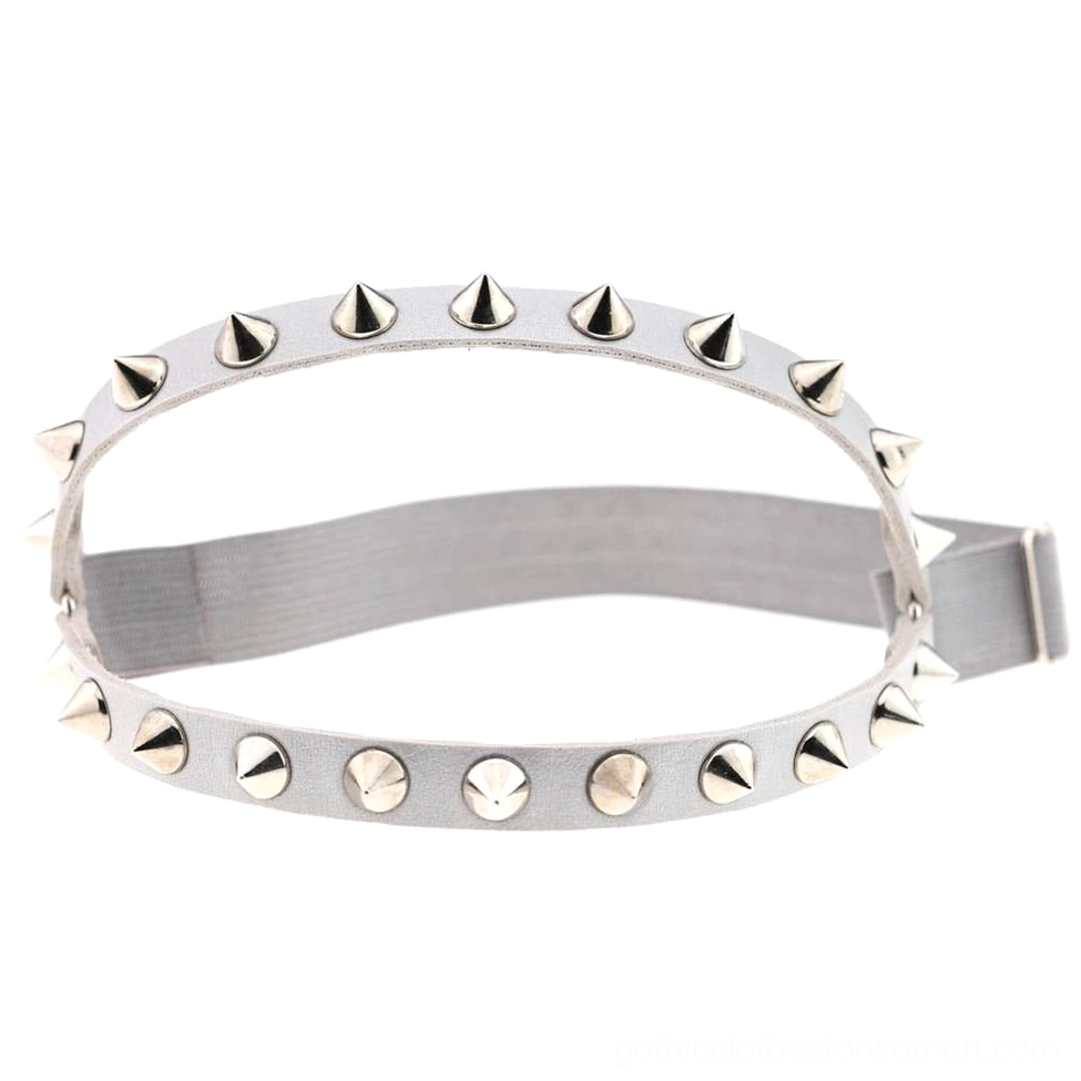 Silver metallic elastic leather leg garter with gray tone studs and rivets adjustable gothic accessory