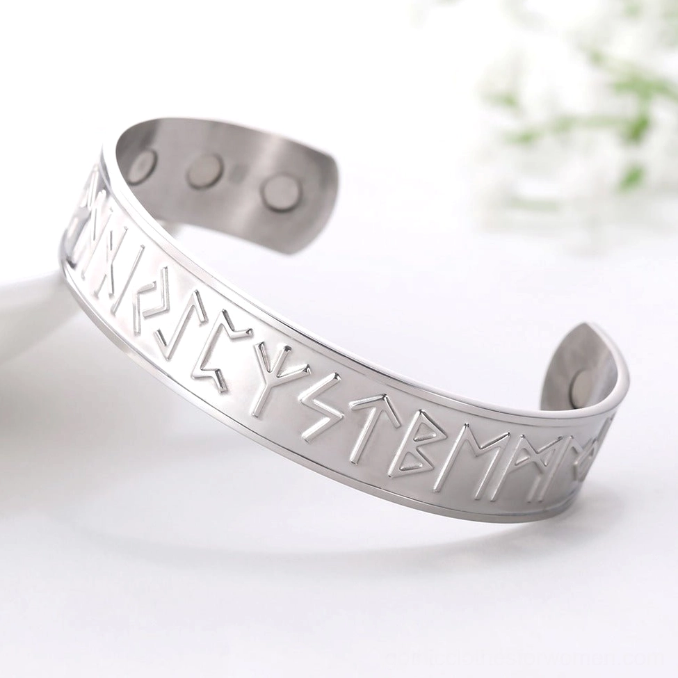 Silver polished nordic rune open cuff bracelet with full rune text engraving decorative background