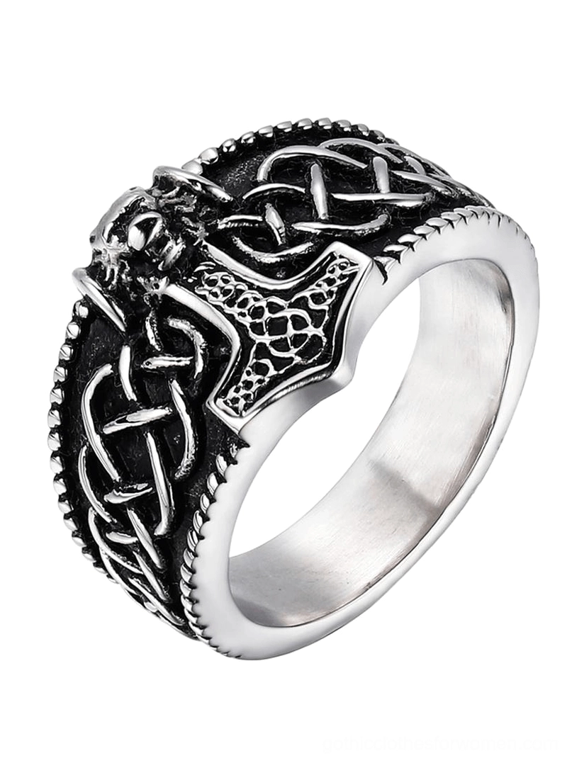 Silver stainless steel Mjolnir Celtic ring with black engraved Viking hammer and Celtic knot detail