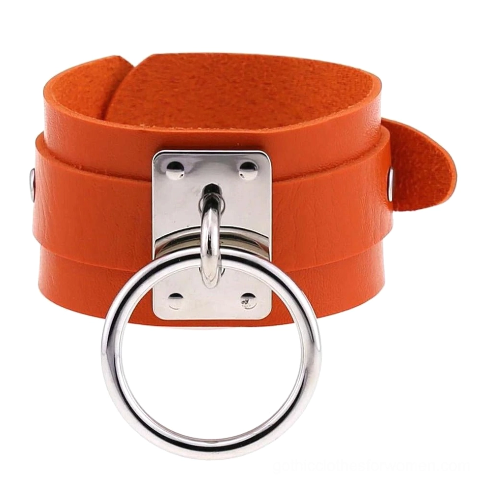 Silver orange leather gothic bracelet with double-layer construction, industrial goth jewelry piece